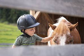 Kleiner Junge mit Reithelm streichelt ein braun-weißes Pony am Kopf, aufgenommen durch eine hölzerne Absperrung. Im Hintergrund sind ein Holzstall und grüne Wiesen zu sehen.