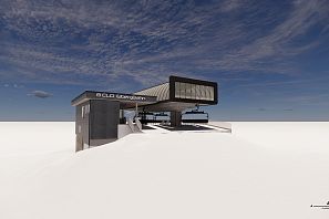 Weitwinkelansicht und Visualisierung der neuen Bergstation Eiberg in einer verschneiten Umgebung