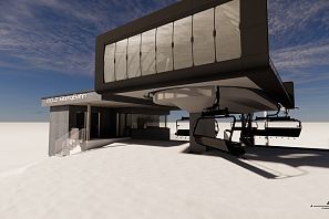 Visualisierung der neuen Bergstation der 8er-Sesselbahn Eibergbahn mit Glasfassade und schwarzer Haube, auf schneebedecktem Gelände unter blauem Himmel