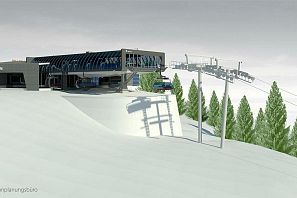 Visualisierung der Bergstation Zinsbergbahn mit schneebedeckter Umgebung und Tannen im Hintergrund
