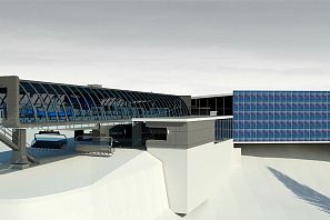 Visualisierung des Sessellifts Zinsbergbahn mit verglaster Einhausung und blauen Sesselhauben