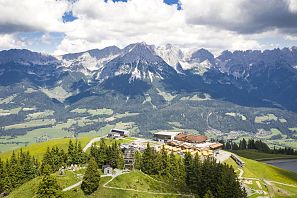 Aerial view of a mountain station with buildings and chairlift on a green alpine meadow, in the background the striking mountain massif of the Wilder Kaiser under a partly cloudy sky.