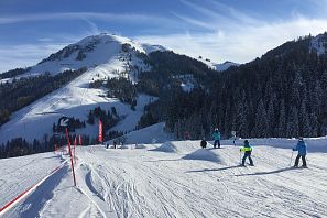 Kinder beim Skifahren auf der Hexenwelle im Skigebiet Söll mit markierten Pisten und verschneiten Wäldern im Hintergrund