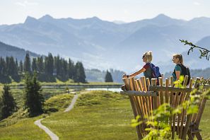 Zwei Frauen mit Rucksäcken genießen die Aussicht von einer hölzernen Plattform auf grüne Almen und Berglandschaft in Scheffau