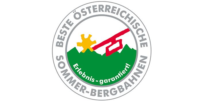Logo Sommer Bergbahnen Tirolm Werbung mit einer gelben Sonne, einer roten Gondel und grüner Landschaft