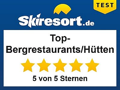 Auszeichnung von Skiresort.de: Top-Bewertung für Bergrestaurants und Hütten mit 5 von 5 Sternen..