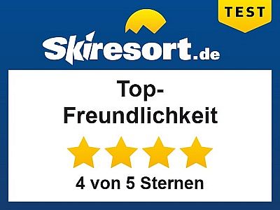 Auszeichnung von Skiresort.de: Top-Bewertung für Freundlichkeit mit 4 von 5 Sternen.