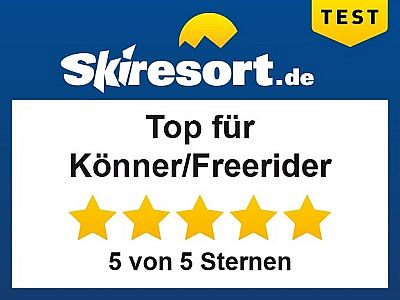 Auszeichnung von Skiresort.de: Top-Bewertung für Könner und Freerider mit 5 von 5 Sternen.