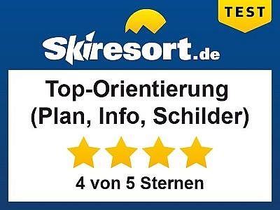 Auszeichnung von Skiresort.de: Top-Bewertung für Orientierung mit Kriterien Plan, Info und Schilder mit 4 von 5 Sternen.