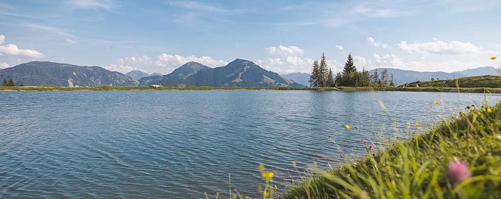 Brantlalmsee med en klar vandoverflade i forgrunden, omgivet af enge, træer og bjergtoppe under en blå himmel med let skydække.