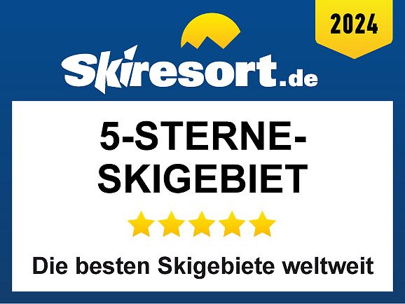 Grafik mit dem Logo von Skiresort.de und der Auszeichnung „5-Sterne-Skigebiet 2024 – Die besten Skigebiete weltweit“