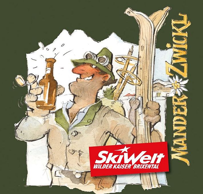 Gezeichnete Figur mit Skier und Bier in der Hand.