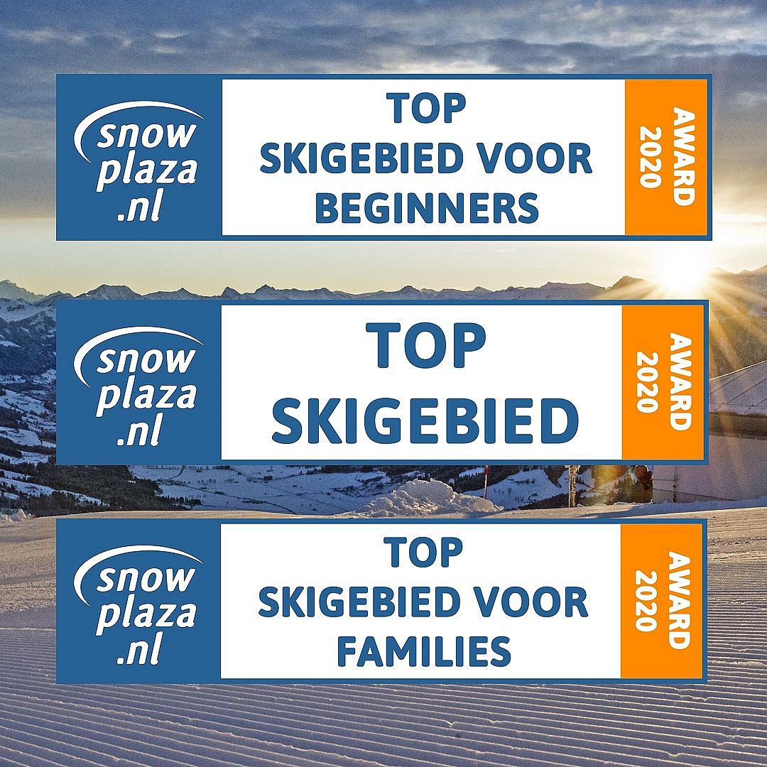 Drei Snowplaza.nl Awards 2020 auf winterlichem Hintergrund: Top-Skigebiet für Anfänger, Top-Skigebiet allgemein und Top-Skigebiet für Familien.