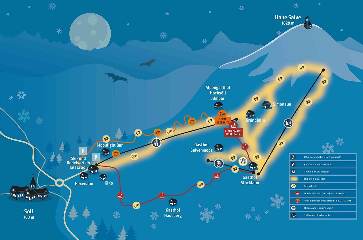 Illustrierte Winterkarte des Nachtskigebiets Söll mit eingezeichneten beleuchteten Skipisten, Rodelbahnen, Liften und Hütten rund um die Hohe Salve