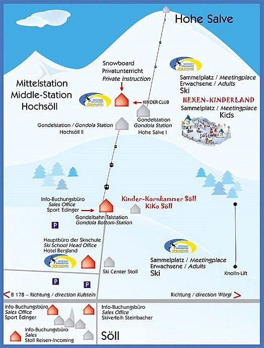 Übersichtsplan der Skischule Söll Hochsöll mit eingezeichenten Treffpunkten wie ein Sammlplatz, Info-Büro, Hauptbüro