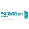 Logo der Auszeichnung ‚Schneehoehen Top-Skigebiete 2024/25 mit stilisiertem Bergsymbol und den Partnern