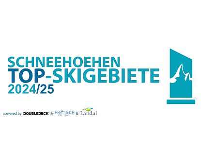 Logo der Auszeichnung ‚Schneehoehen Top-Skigebiete 2024/25 mit stilisiertem Bergsymbol und den Partnern
