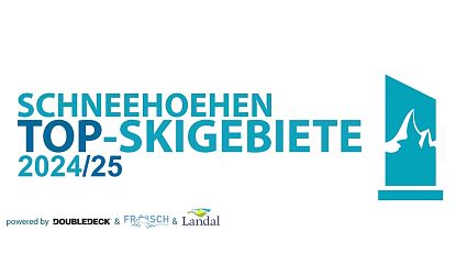 Logo der Auszeichnung ‚Schneehoehen Top-Skigebiete 2024/25 mit stilisiertem Bergsymbol und den Partnern
