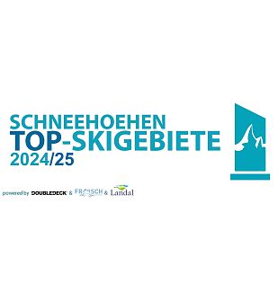 Logo der Auszeichnung ‚Schneehoehen Top-Skigebiete 2024/25 mit stilisiertem Bergsymbol und den Partnern