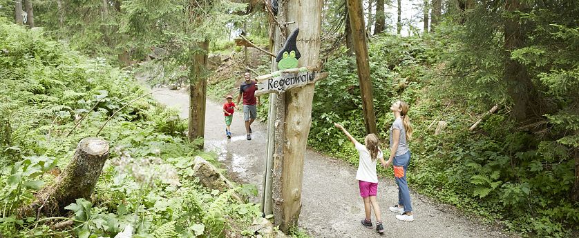 Familie wandert durch den verzauberten Wald.
