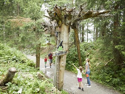 Familie wandert durch den verzauberten Wald.