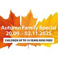 Graphic with colorful autumn leaves and the text: Family Autumn Weeks 20.09 – 02.11.2025 – Children up to 15 years ride free!