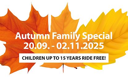 Graphic with colorful autumn leaves and the text: Family Autumn Weeks 20.09 – 02.11.2025 – Children up to 15 years ride free!
