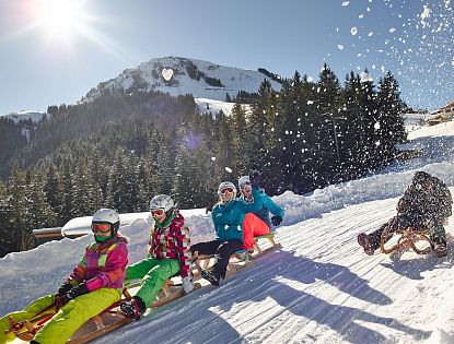 Freunde am rodeln bei schönem Wetter.