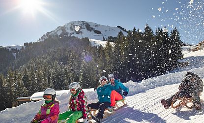 Freunde am rodeln bei schönem Wetter.