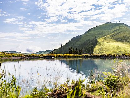 Blick über den Speicher See Kleine Salve auf den Aussichtsberg Hohe Salve im Sommer