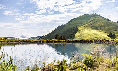 Blick über den Speicher See Kleine Salve auf den Aussichtsberg Hohe Salve im Sommer