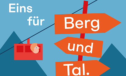 Grafik mit roter Seilbahn und orangen Wegweisern mit der Aufschrift „Berg“, „und“, „Tal“ vor blauer Bergkulisse und dem Text „Eins für“