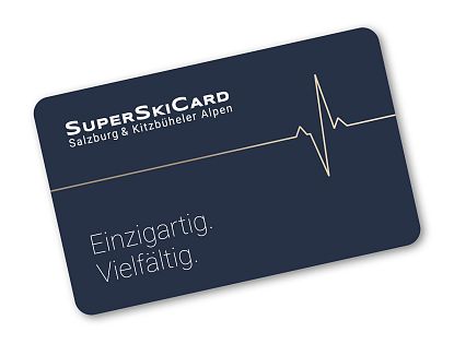 Blaue SuperSkiCard mit Aufschrift: Einzigartig. Vielfältig