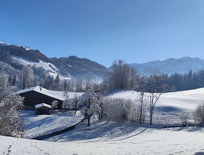 Blick auf eine Winterlandschaft und eine alte Hütte.