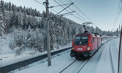 Zug fährt im Winter bei Schnee.