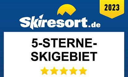 Grafik mit dem Logo von Skiresort.de und der Auszeichnung „5-Sterne-Skigebiet 2023 – Die besten Skigebiete weltweit“