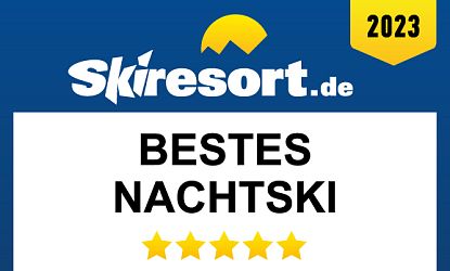 Grafik von Skiresort.de mit der Aufschrift „Bestes Nachtski – 5 Sterne – SkiWelt Söll“, ausgezeichnet für das Jahr 2023.