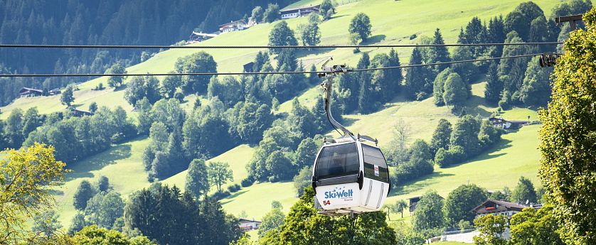 Gondel in einer grünen Landschaft.