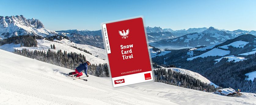Snow Card Tirol Card (rote Karte mit Snow Card Logo) und einem Skifahrer im Hintergrund.