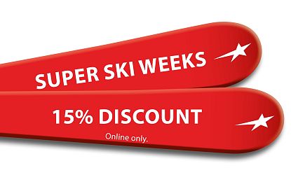 Zwei rote Ski auf weißem Hintergrund mit der Aufschrift Super Ski Weeks und 15% Discount