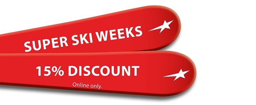 Zwei rote Ski auf weißem Hintergrund mit der Aufschrift Super Ski Weeks und 15% Discount