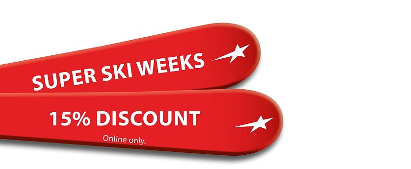 Zwei rote Ski auf weißem Hintergrund mit der Aufschrift Super Ski Weeks und 15% Discount