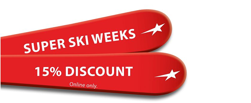 Zwei rote Ski auf weißem Hintergrund mit der Aufschrift Super Ski Weeks und 15% Discount