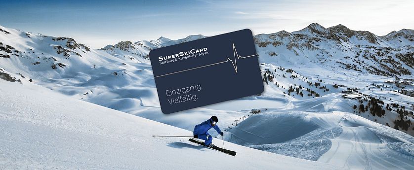 Abbildung der SuperSkiCard vor einem winterlichen Hintergrund.