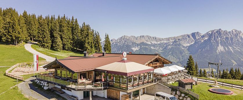 Tanzbodenalm in Söll im Sommer mit Wildem Kaiser im Hintergrund