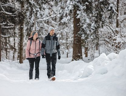 Zwei Winterwanderer die durch den verschneiten Wald wandern.