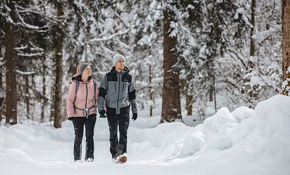 Zwei Winterwanderer die durch den verschneiten Wald wandern.